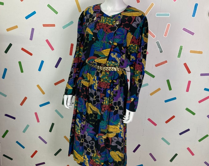 1980s true vintage abstract design midi dress with pockets Size 14/16 black / yellow / blue