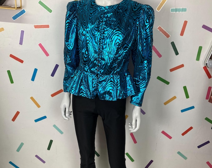 1980s true vintage blue foil / metallic long sleeve peplum top size 12/14