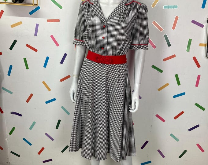 1980s true vintage black and white check midi dress with red trim 16/18