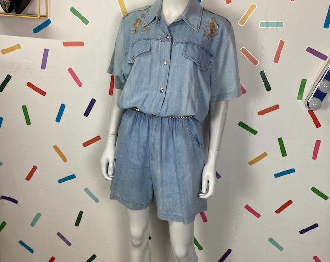 1980s true vintage St Denis denim batwing  playsuit with cut out detail size 12
