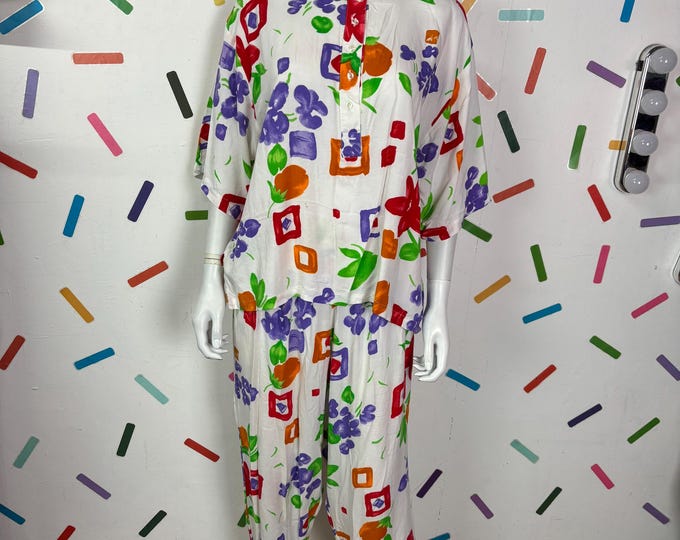 1980s true vintage floral design 2 piece set - trousers / top  - Size 14/16