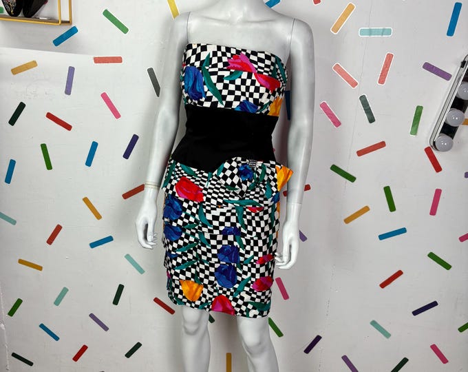 1980s true vintage check floral strapless dress with bow design size 8/10