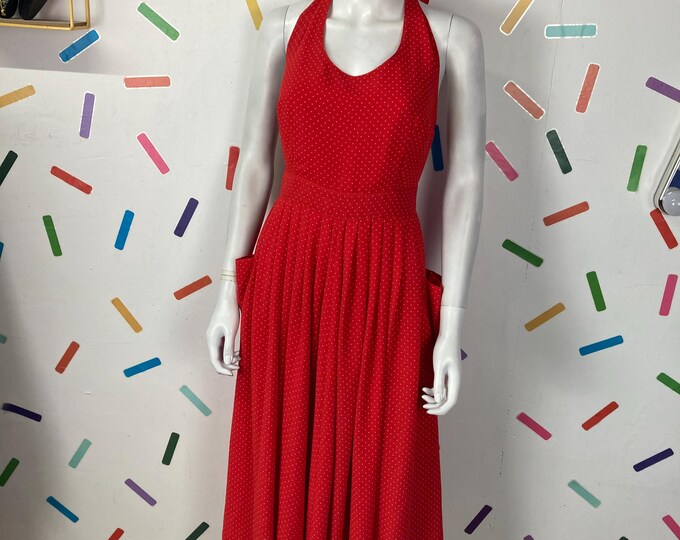 1980s true vintage red halter neck dress size 10