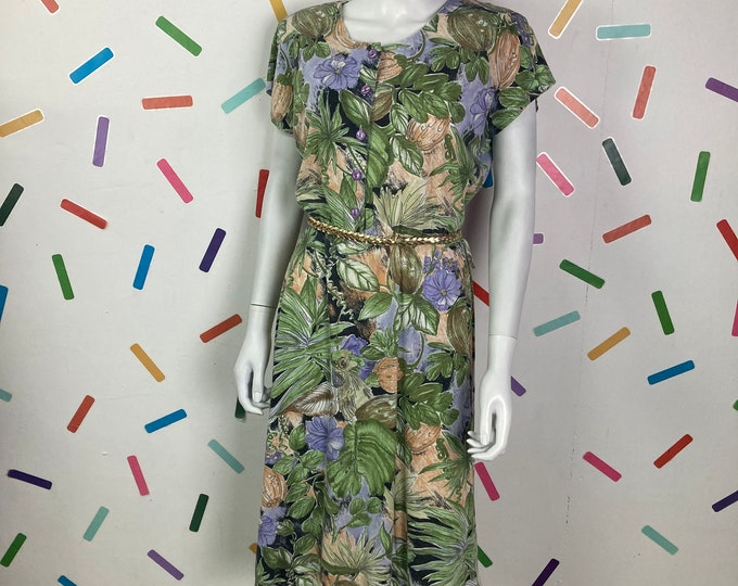 SALE - 1980s true vintage pastel design abstract / floral midi dress size 12/14