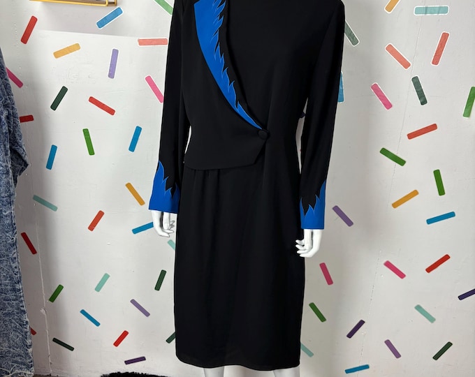 1980s True Vintage black  evening long sleeve dress with blue detail -  Size 12/14