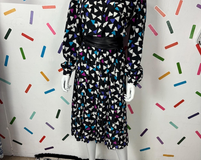 1980s True vintage black geo long sleeve midi dress  - size 16/18