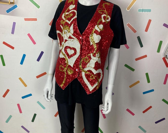 1980s true vintage cherub / heart design red sequin waistcoat Size 12/14