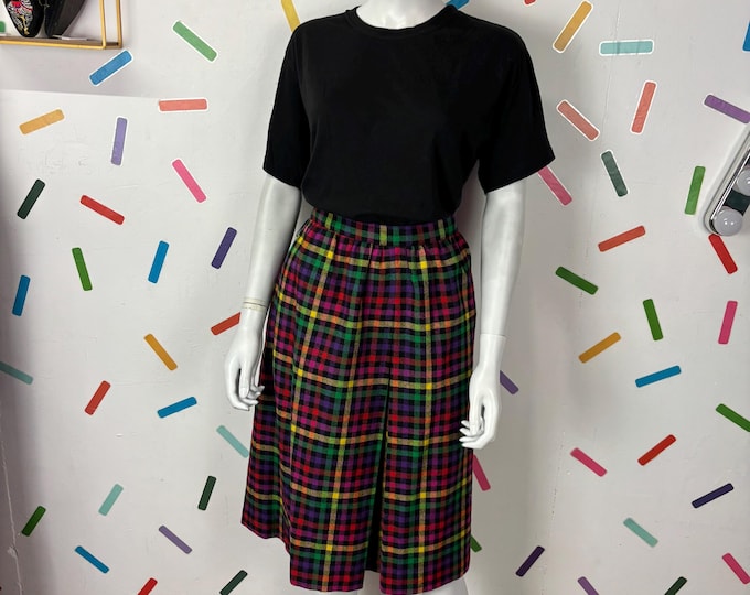 1980s true vintage rainbow tartan check midi skirt size 12/14