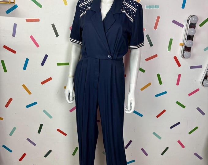 1980s true vintage navy nautical blue white jumpsuit - size 12