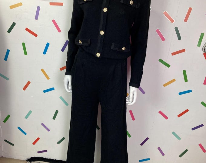 1980s true vintage knitted black jumpsuit with gold details size 10-14