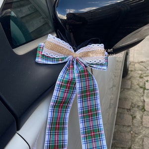 Scottish bow tie in jute and tartan/Antenna loop car bow/car decoration/Scottish wedding/tartan bow for car/rearview mirror decor
