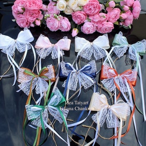 Bow tie in satin and rust lace/wedding knot/Antenna loop car bow/Red, green, rust car decoration/antenna loop/wedding decoration