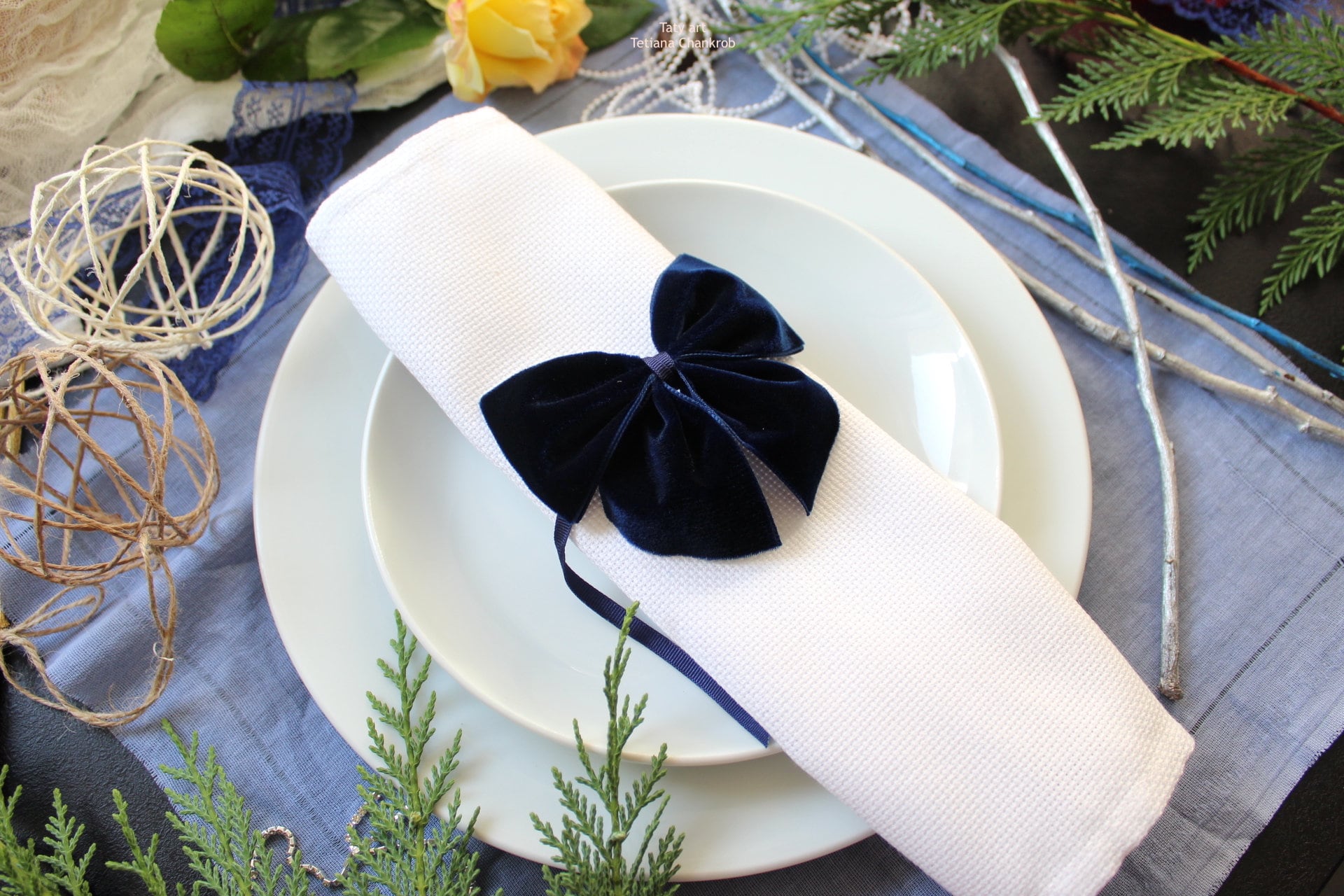 Noeuds Papillon en Velvet/Ronds Serviette Noel/xmas Napkin Rings Velvet/Velours /Velour/Navy Bleu Ve