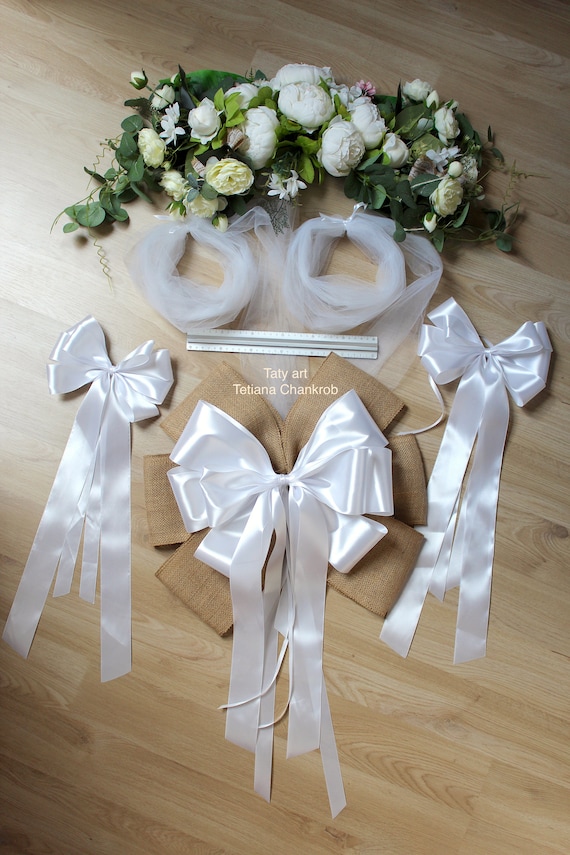 Kit 10 Nœuds De Décoration Voiture Mariage - Cœur Dentelle Blanc, 13x25 Cm - Pour Cortège, Fête