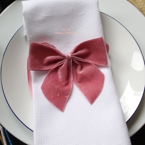 Peut inclure: Une serviette blanche avec un nœud en velours rose noué autour. La serviette est sur une assiette blanche avec un bord bleu.