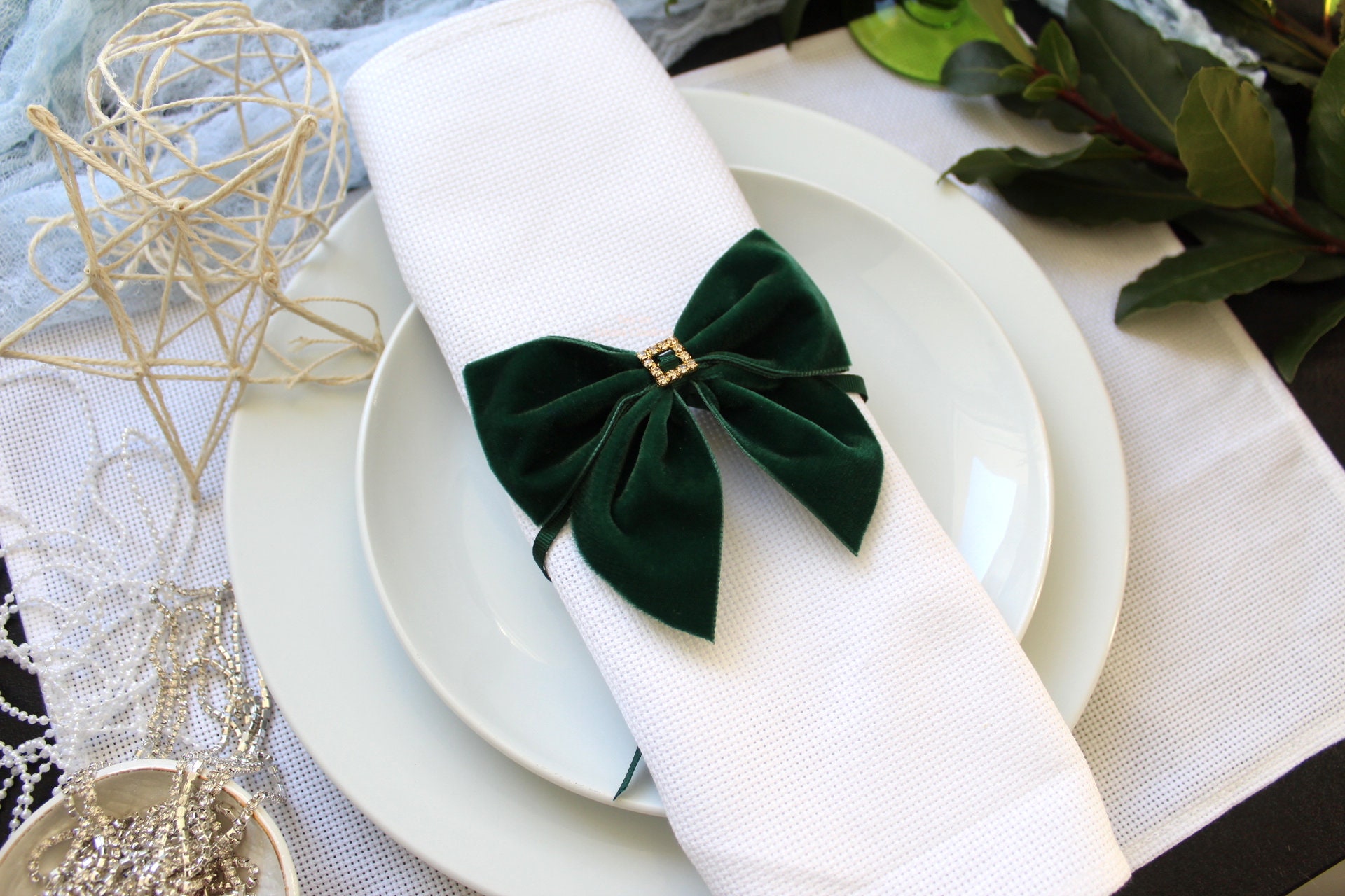 Noeuds Papillon en Velours/Ronds Serviette Noel/xmas Napkin Rings Velvet/Dark Green Velvet With Crys