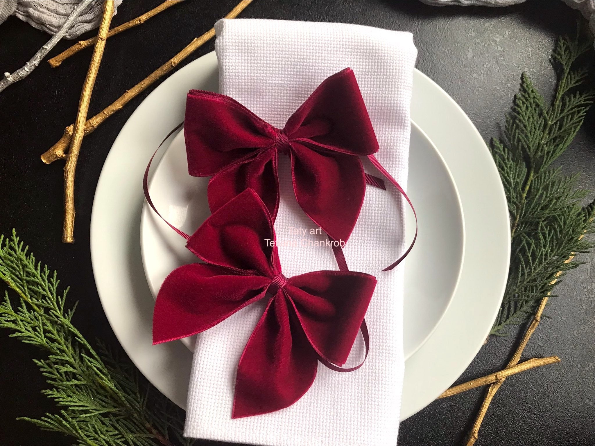 Noeuds Papillon en Velvet/Ronds Serviette Noel/xmas Napkin Rings Velvet/Velours Français/Velvet Bow 