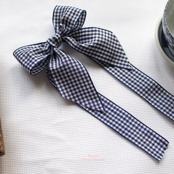 Dark blue gingham bow