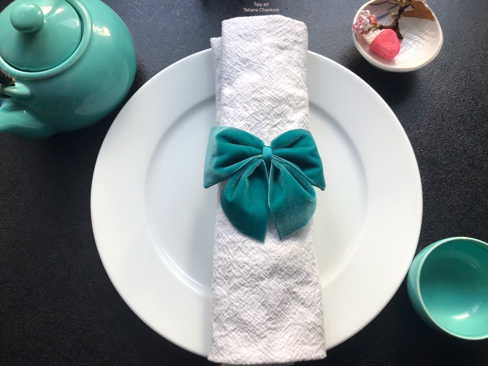 Noeuds Papillon en Velvet/Ronds Serviette Noel/xmas Napkin Rings Velvet/Velours /Velour/Sarcelle Vel