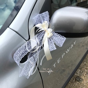 Pajarita de satén y encaje/Lazo para coche con lazo para antena/Lazo para espejo retrovisor/Decoración para coche de boda/Lazo de boda color marfil