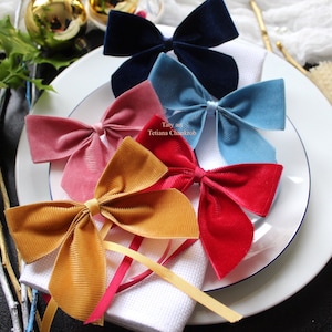 Op de afbeelding: Een verzameling fluwelen strik servetringen in roze, goud, rood, blauw en marineblauw, op witte borden. De strikken liggen op witte servetten, met de tekst "Taty art Tetiana Chankroh".