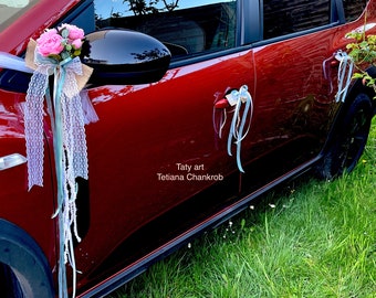 2 Nœuds De Voiture En Soie Avec Roses Simulées - Décoration De Mariage - Pour Rétroviseur, Poignée, Chaise - 13