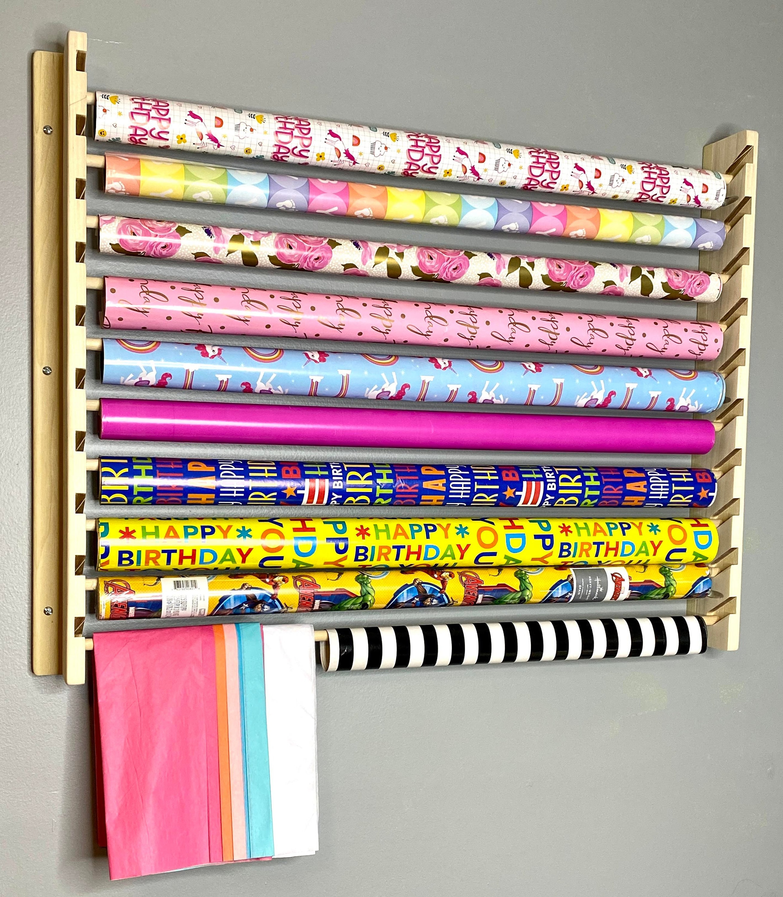 Gift Wrap Organizer. Wall Mounted Gift Wrap Organizer. Front