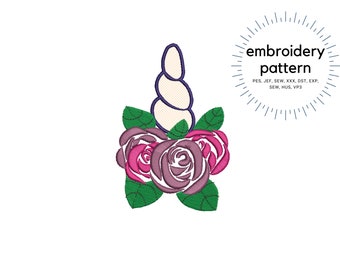 Motivo ricamo macchina testa unicorno floreale, applique corno unicorno