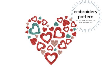 Molti cuori in un cuore ricamo disegni, forme cuore per ricamo macchina, Valentines Heart Design