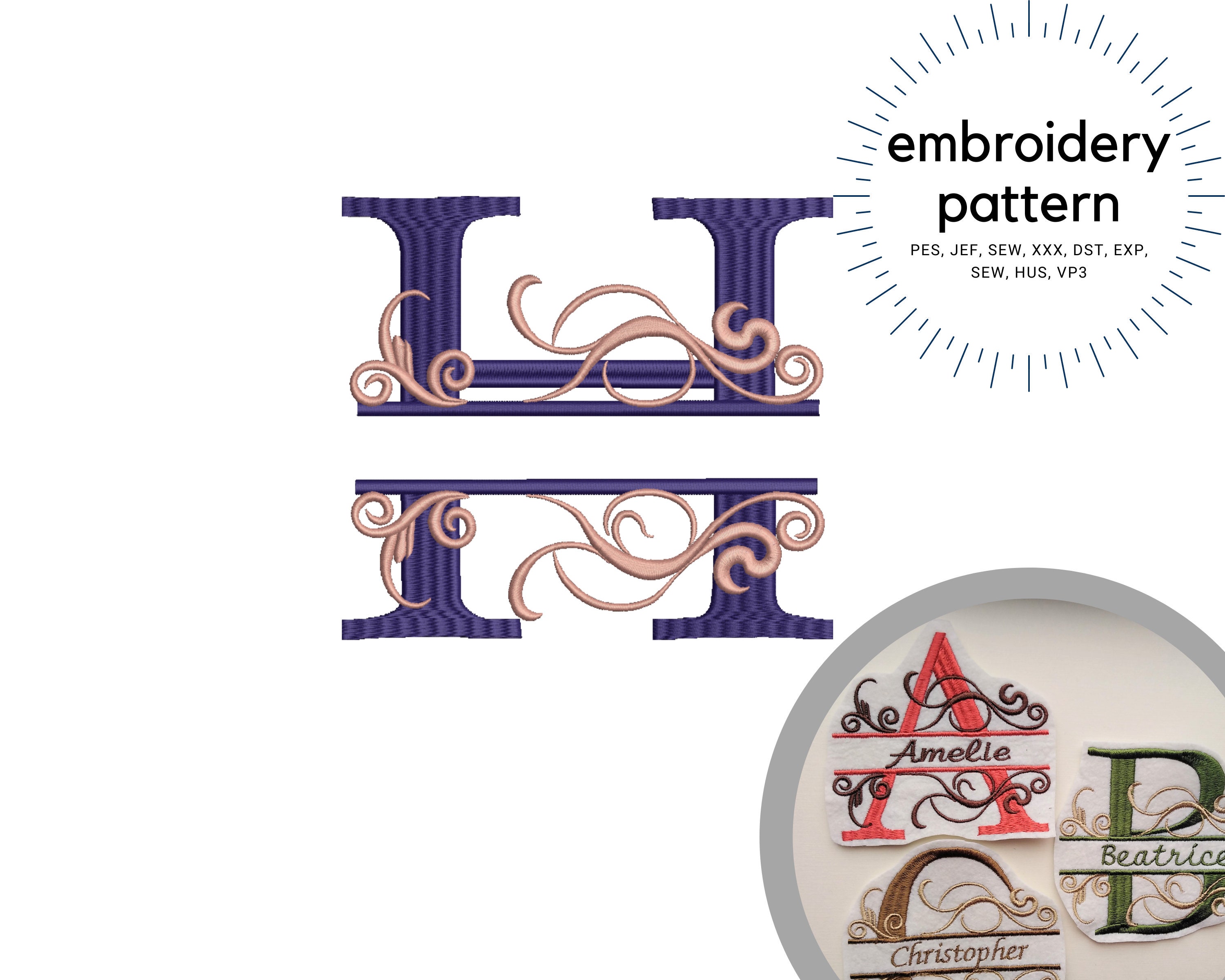 Letter H Split Letter Monogram Embroidery Pattern Etsy