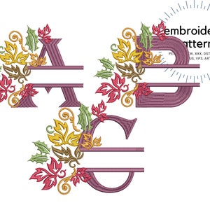 Diseños de letras de otoño, patrones de bordado de monograma de letras divididas, monogramas de hojas de otoño, 26 letras, patrones de fuente grandes