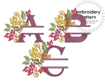 Disegni di lettere autunnali, motivi di ricamo monogramma split letter, monogrammi di foglie autunnali, 26 lettere, motivi di caratteri di grandi dimensioni