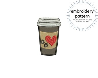Tazza da caffè da asporto Macchina Ricamo Design con chicchi di caffè e cuore sulla tazza di caffè, tazza di carta da asporto