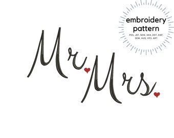 Mr. Mrs. Script con periodo cardiaco, design ricamo macchina, ricamo San Valentino