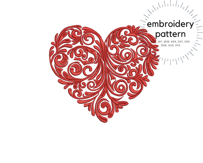 Heart Embroidery, Valentines Heart Machine Embroidery Designs, Swirly Heart Design Machine Embroidery Pattern