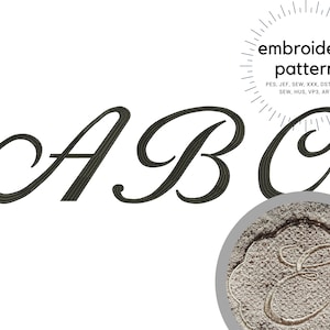 Può includere: Modello di ricamo per le lettere A, B e C in un font corsivo. Il modello è disponibile nei formati PES, JEF, SEW, XXX, DST, EXP, SEW, HUS, VP3 e ART.