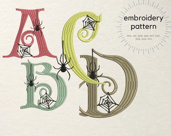 Design di font di Halloween con ragno e ragnatela per ricamo a macchina, monogrammi gotici, alfabeto gotico