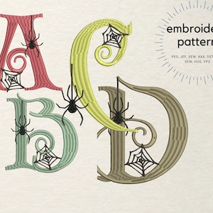 Diseño de fuente de Halloween con araña y tela para el bordado de la máquina, patrones de fuente grandes, 26 letras, alfabeto de Halloween