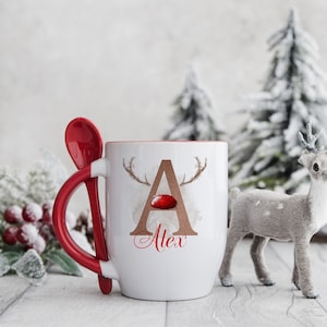 Red Handled Spoon Mug, Personalised Christmas Mug