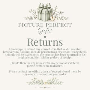 May include: A digital information card titled PICTURE PERFECT Gifts Returns. It outlines a policy for returning unused items within 30 days, excluding personalized goods. It includes instructions to contact the seller regarding any order concerns.