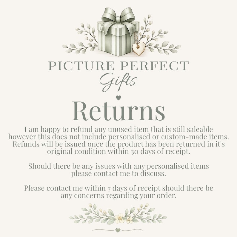 May include: A digital information card titled PICTURE PERFECT Gifts Returns. It outlines a policy for returning unused items within 30 days, excluding personalized goods. It includes instructions to contact the seller regarding any order concerns.