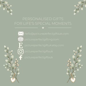 May include: A sage green informational graphic featuring the text PERSONALIZED GIFTS FOR LIFE'S SPECIAL MOMENTS, contact details including email, website, Etsy, Instagram, and Facebook handles, decorated with watercolor botanical leaf sprigs.