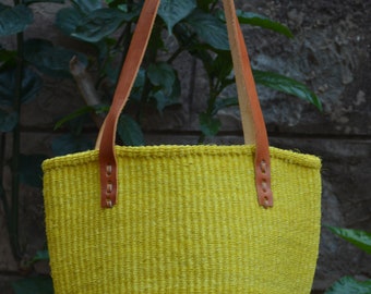 Sac jaune Kiondo | Cabas en sisal | Sac de marché | Sac de plage