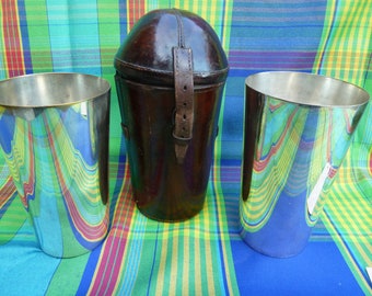 Vintage travel drinking cup, silver-plated, leather case,
