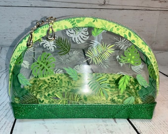 Clear/Green Tropical Leaves Dumpling Pouch Cosmetic Bag
