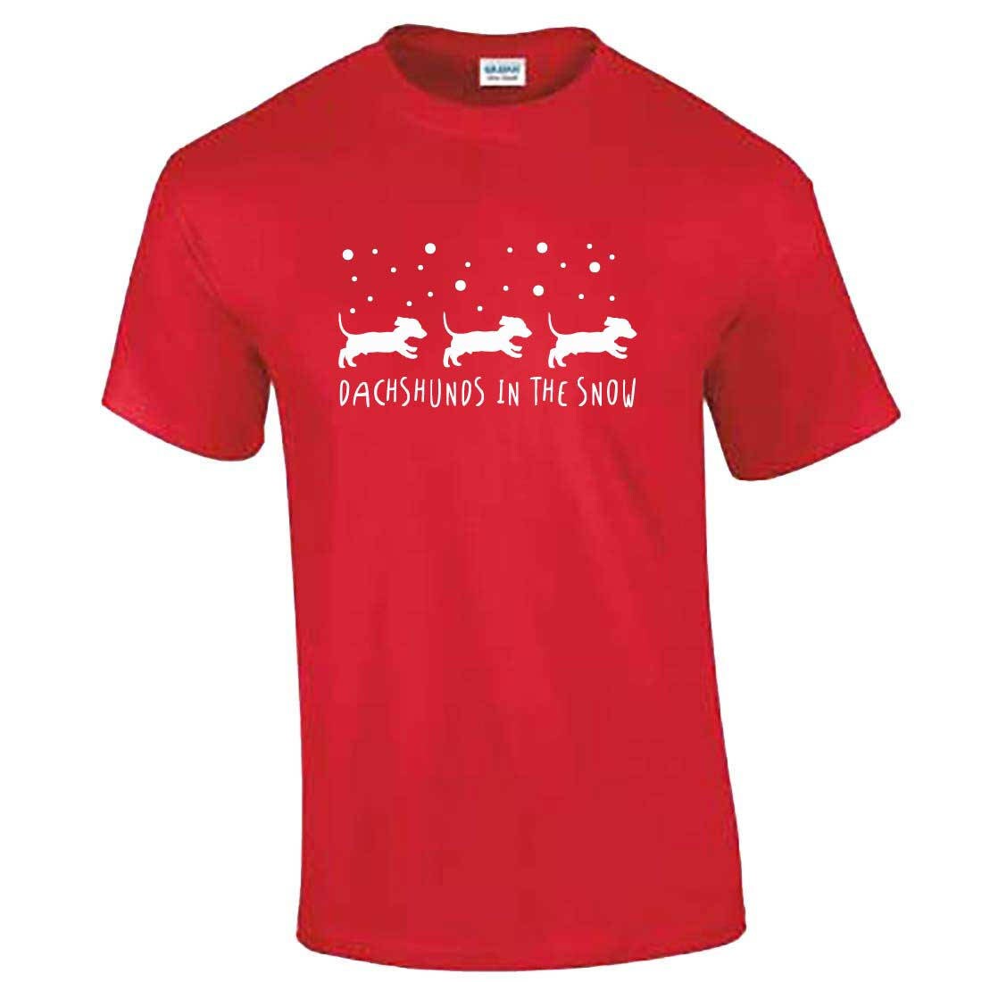 Image of Dachshund in The Snow - Mens Red Christmas T-Shirt Clothing