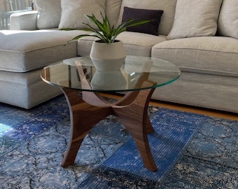 Mid Century Modern Round Walnut Coffee Table, Solid Walnut, Handmade, Round Glass Coffee Table