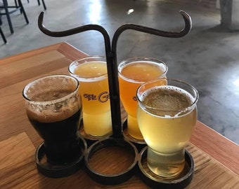 Custom Hand Forged Steel Beer Flight Holder with 5.75 oz Taster glasses