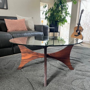 Mid Century Modern Round Walnut Coffee Table, Solid Walnut, Handmade, Round Glass Coffee Table