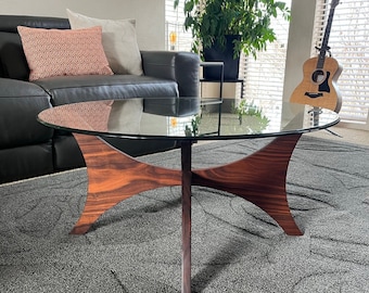 Mid Century Modern Round Walnut Coffee Table, Solid Walnut, Handmade, Round Glass Coffee Table